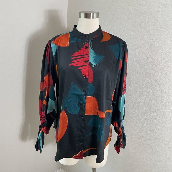 CHICOS Womens 12 Abstract Print Button Up Blouse Long Sleeve Tie Cuff Shirt Top - Picture 2 of 13